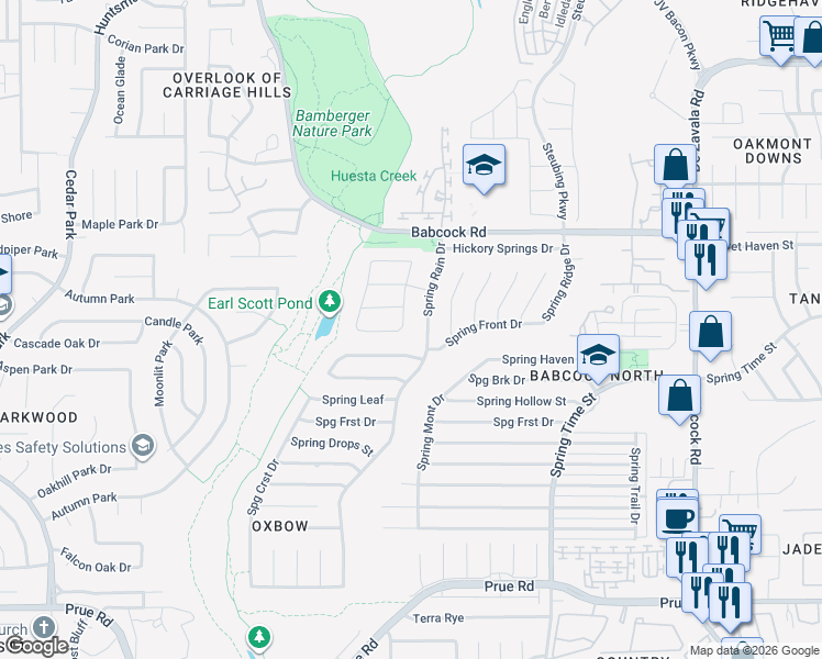 map of restaurants, bars, coffee shops, grocery stores, and more near 6802 Arbor Springs Drive in San Antonio