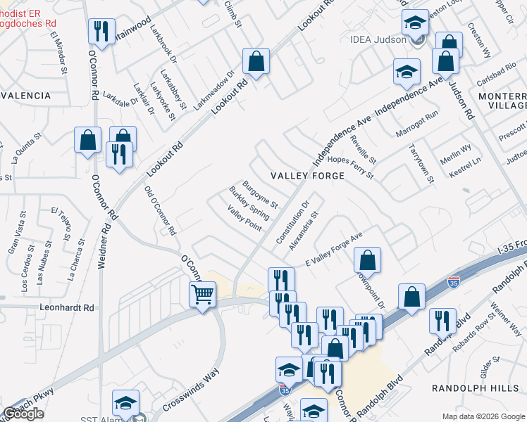 map of restaurants, bars, coffee shops, grocery stores, and more near 5822 Burgoyne Street in San Antonio
