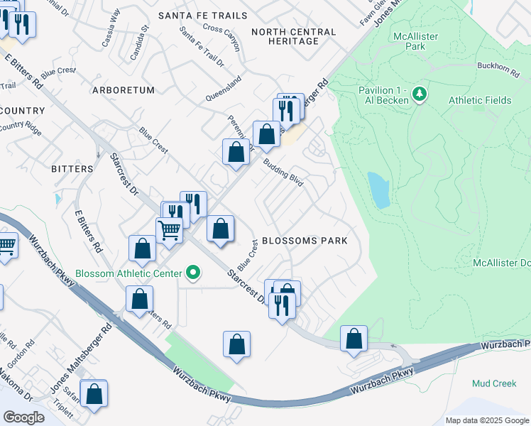 map of restaurants, bars, coffee shops, grocery stores, and more near 12106 Magnolia Blossom in San Antonio