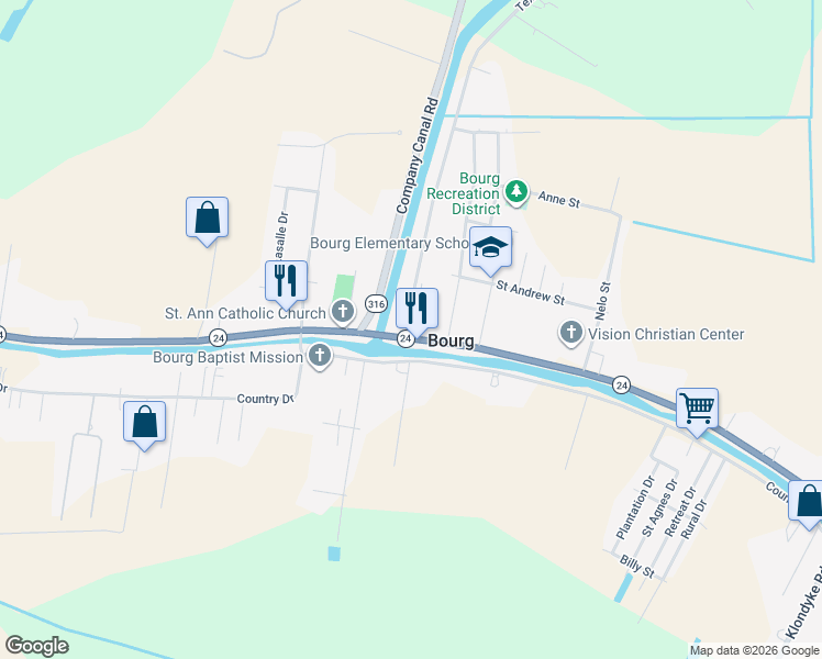 map of restaurants, bars, coffee shops, grocery stores, and more near 100 Texas Gulf Road in Bourg