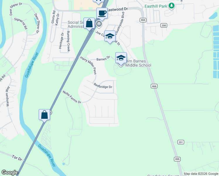 map of restaurants, bars, coffee shops, grocery stores, and more near 1633 Nolte Farms Drive in Seguin