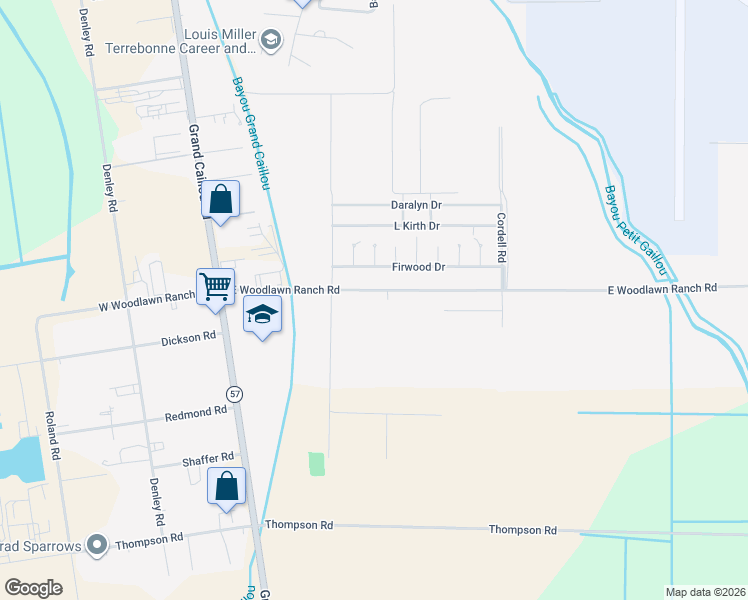 map of restaurants, bars, coffee shops, grocery stores, and more near 301-319 E Woodlawn Ranch Rd in Houma