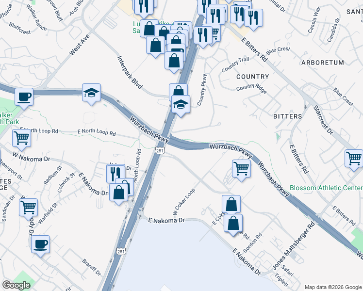map of restaurants, bars, coffee shops, grocery stores, and more near Wurzbach Parkway in San Antonio