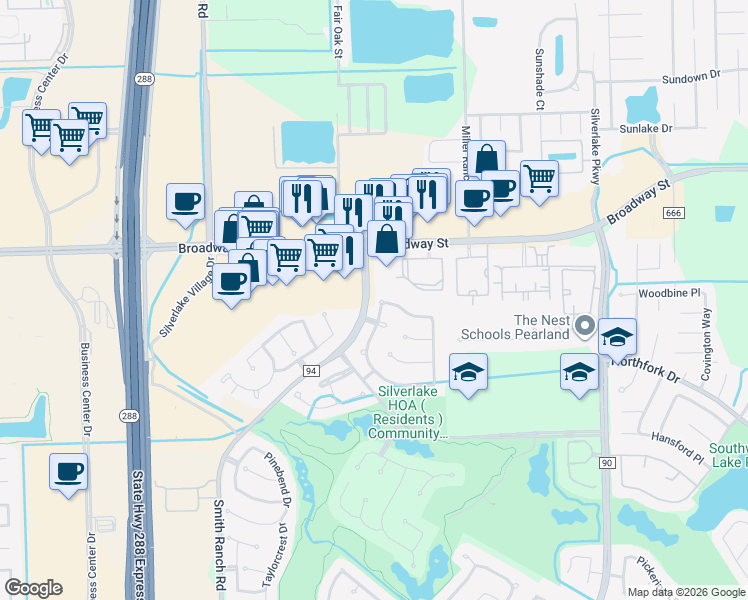 map of restaurants, bars, coffee shops, grocery stores, and more near 2302 Weatherford Drive in Pearland