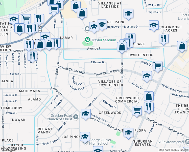 map of restaurants, bars, coffee shops, grocery stores, and more near 4821 East Columbary Drive in Rosenberg