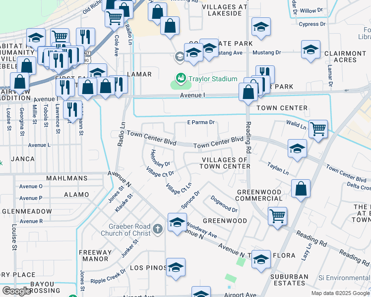 map of restaurants, bars, coffee shops, grocery stores, and more near 4805 East Columbary Drive in Rosenberg