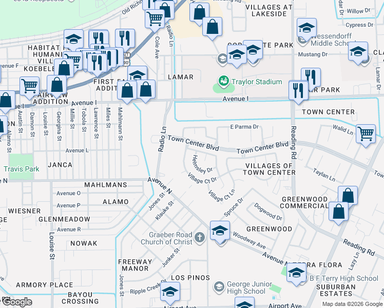 map of restaurants, bars, coffee shops, grocery stores, and more near 1310 Village Court Boulevard in Rosenberg
