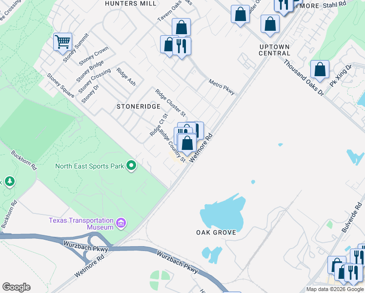 map of restaurants, bars, coffee shops, grocery stores, and more near 12215 Maverick Bluff Street in San Antonio