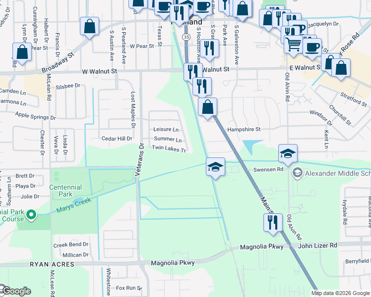 map of restaurants, bars, coffee shops, grocery stores, and more near 4101 Twin Lakes Tr in Pearland