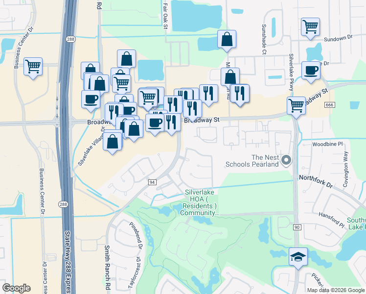 map of restaurants, bars, coffee shops, grocery stores, and more near 2302 Weatherford Drive in Pearland