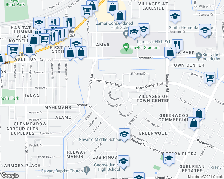 map of restaurants, bars, coffee shops, grocery stores, and more near 1401 Helmsley Drive in Rosenberg