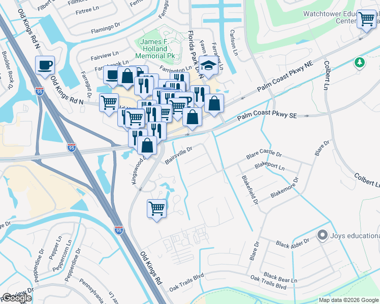 map of restaurants, bars, coffee shops, grocery stores, and more near 41 Blairsville Drive in Palm Coast