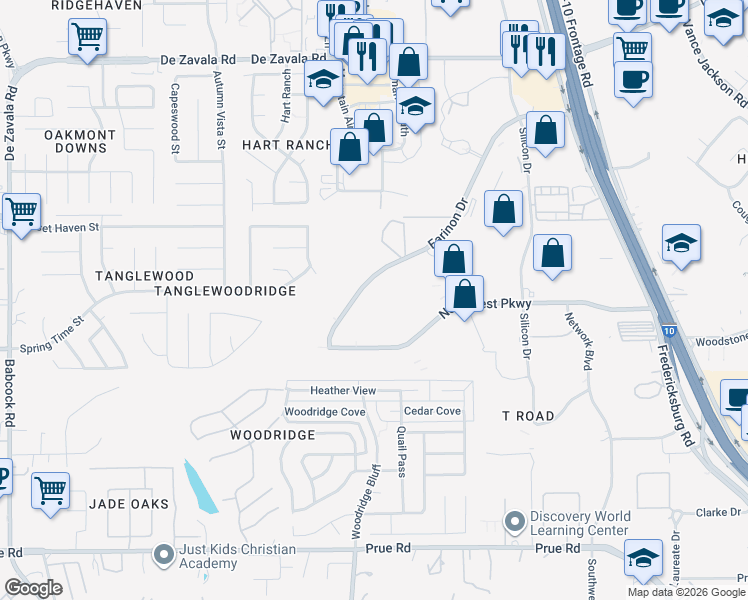 map of restaurants, bars, coffee shops, grocery stores, and more near 5800 Farinon Drive in San Antonio