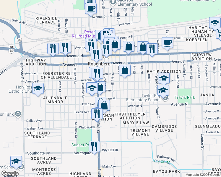 map of restaurants, bars, coffee shops, grocery stores, and more near 1305 3rd Street in Rosenberg