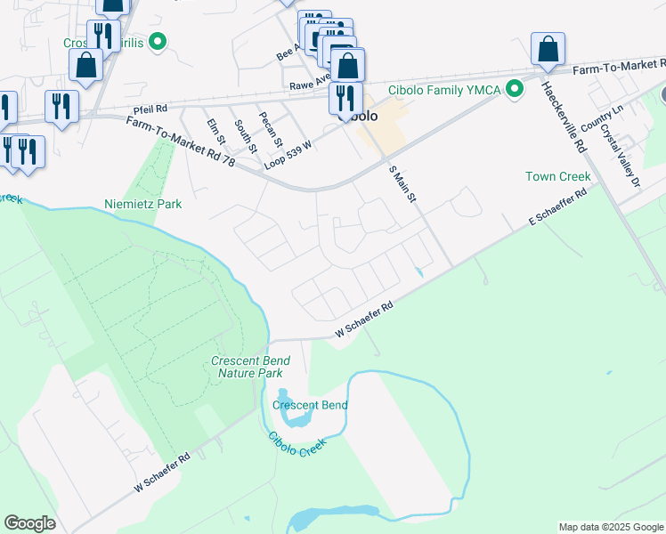 map of restaurants, bars, coffee shops, grocery stores, and more near 402 Washita River in Cibolo