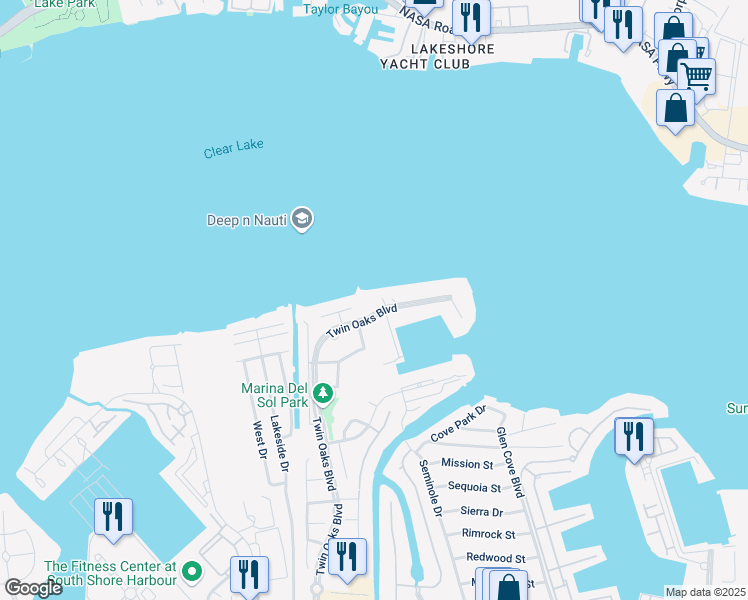 map of restaurants, bars, coffee shops, grocery stores, and more near 2100 Twin Oaks Boulevard in Kemah