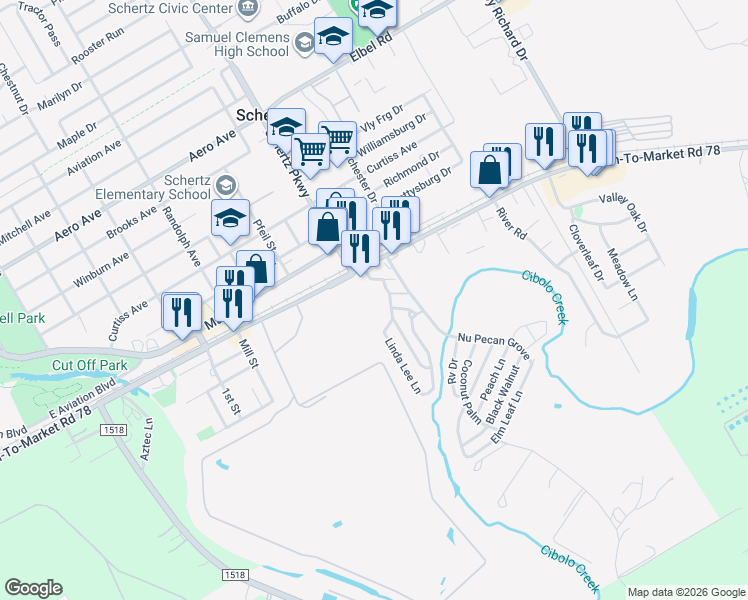 map of restaurants, bars, coffee shops, grocery stores, and more near 336 Spring Meadow Lane in Schertz