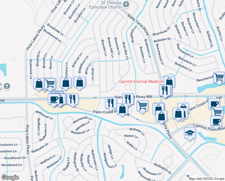 map of restaurants, bars, coffee shops, grocery stores, and more near 22 Bren Mar Lane in Palm Coast
