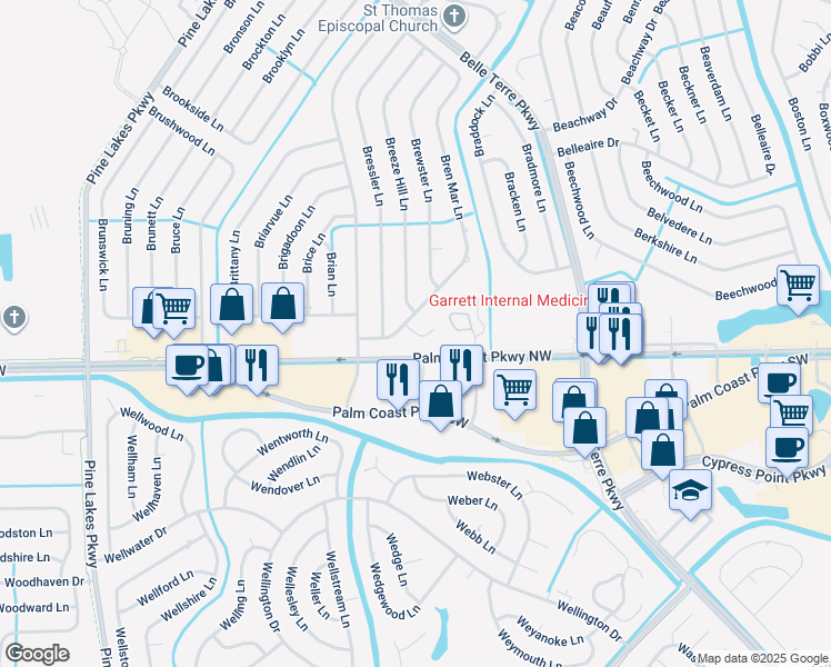 map of restaurants, bars, coffee shops, grocery stores, and more near 17 Brelyn Place in Palm Coast