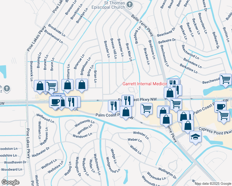 map of restaurants, bars, coffee shops, grocery stores, and more near 8 Bressler Lane in Palm Coast