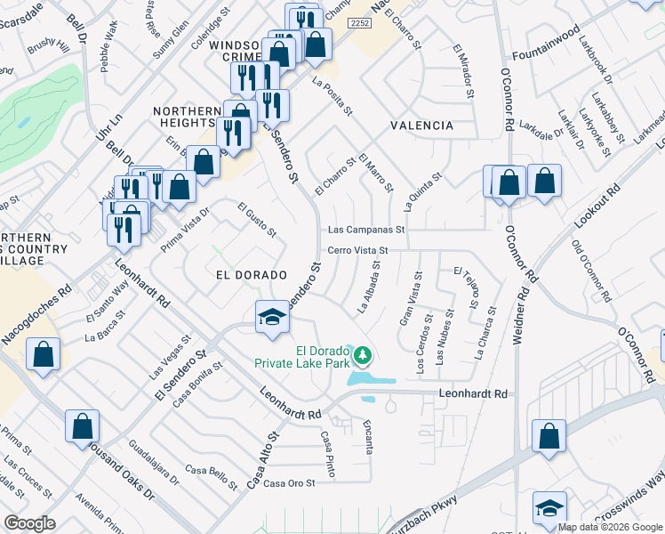 map of restaurants, bars, coffee shops, grocery stores, and more near 12431 La Lira Street in San Antonio