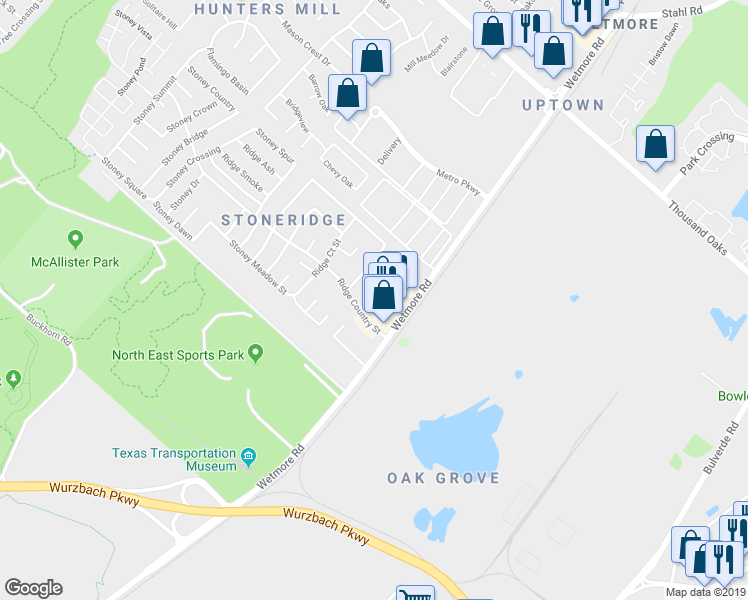 map of restaurants, bars, coffee shops, grocery stores, and more near 12215 Maverick Bluff Street in San Antonio