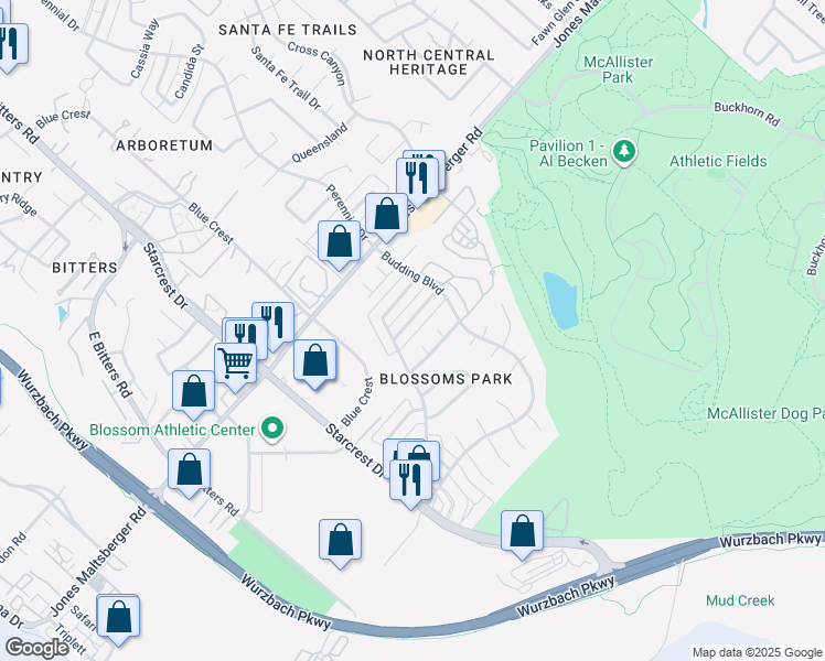 map of restaurants, bars, coffee shops, grocery stores, and more near 1903 Almond Drive in San Antonio