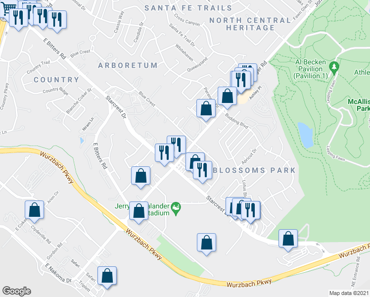 map of restaurants, bars, coffee shops, grocery stores, and more near 12315 Jones Maltsberger Road in San Antonio