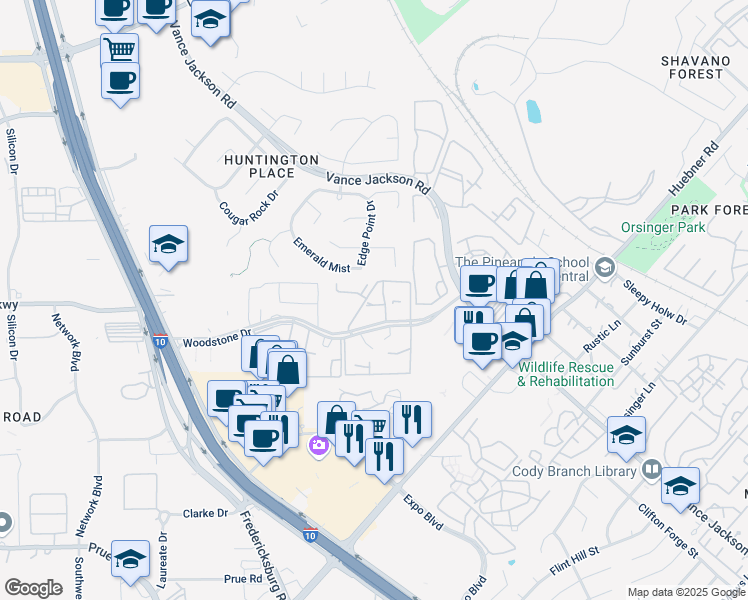 map of restaurants, bars, coffee shops, grocery stores, and more near 1323 Woodstone Drive in San Antonio