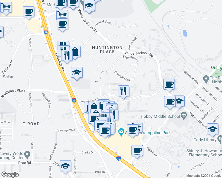 map of restaurants, bars, coffee shops, grocery stores, and more near 4909 Woodstone Drive in San Antonio