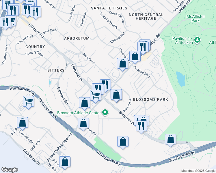 map of restaurants, bars, coffee shops, grocery stores, and more near 12315 Jones Maltsberger Road in San Antonio