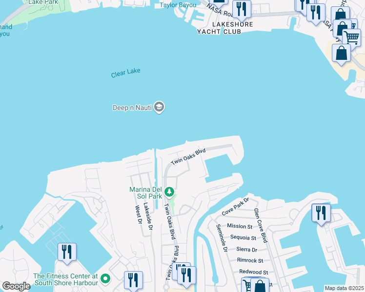 map of restaurants, bars, coffee shops, grocery stores, and more near 2100 Twin Oaks Boulevard in Kemah