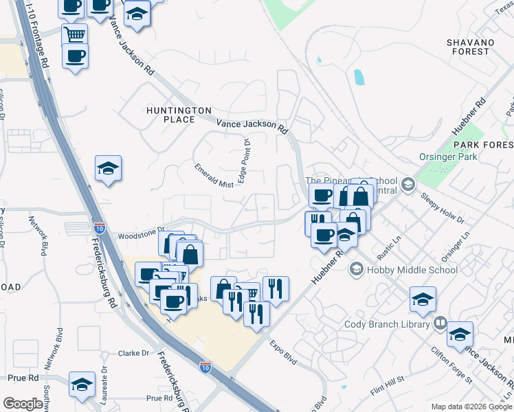 map of restaurants, bars, coffee shops, grocery stores, and more near 4951 Woodstone Drive in San Antonio