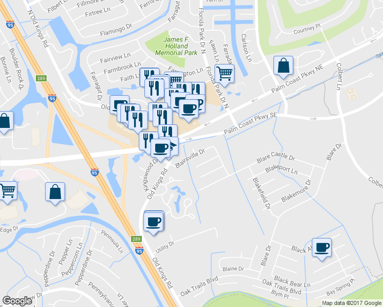 map of restaurants, bars, coffee shops, grocery stores, and more near 1 Blair Court in Palm Coast