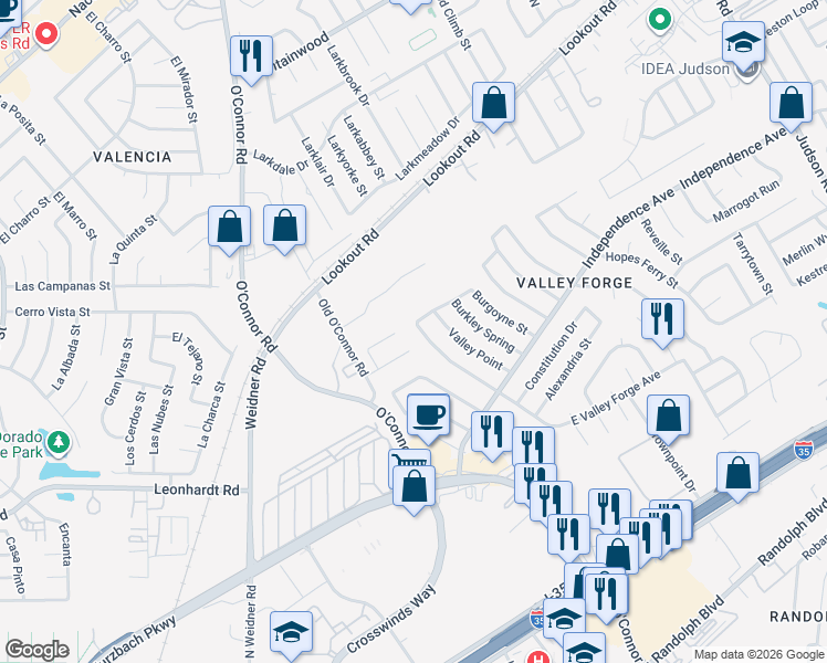 map of restaurants, bars, coffee shops, grocery stores, and more near 12503 Mount Defiance Street in San Antonio