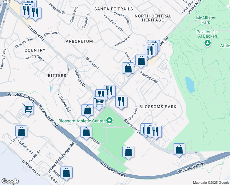 map of restaurants, bars, coffee shops, grocery stores, and more near 12315 Jones Maltsberger Road in San Antonio