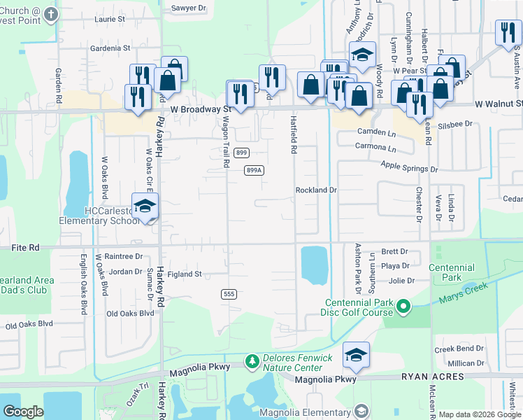 map of restaurants, bars, coffee shops, grocery stores, and more near 2922 Hatfield Road in Pearland