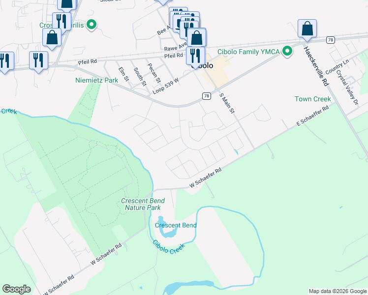map of restaurants, bars, coffee shops, grocery stores, and more near 308 Red River in Cibolo