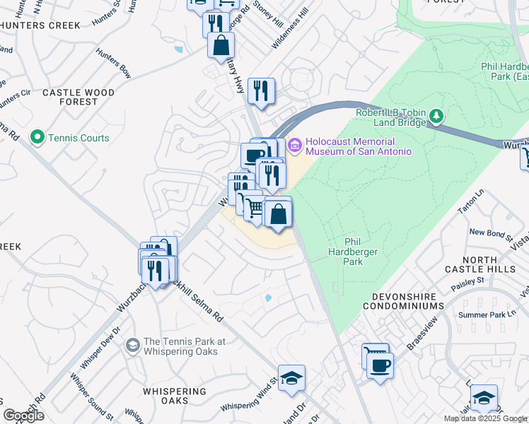 map of restaurants, bars, coffee shops, grocery stores, and more near 10003 Northwest Military Highway in San Antonio