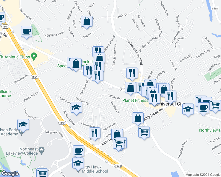 map of restaurants, bars, coffee shops, grocery stores, and more near 2117 Pat Booker Road in Universal City
