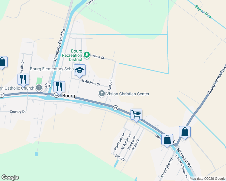 map of restaurants, bars, coffee shops, grocery stores, and more near Aucoin Court in Bourg