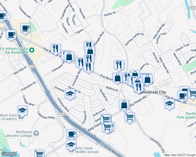 map of restaurants, bars, coffee shops, grocery stores, and more near 2117 Pat Booker Road in Universal City