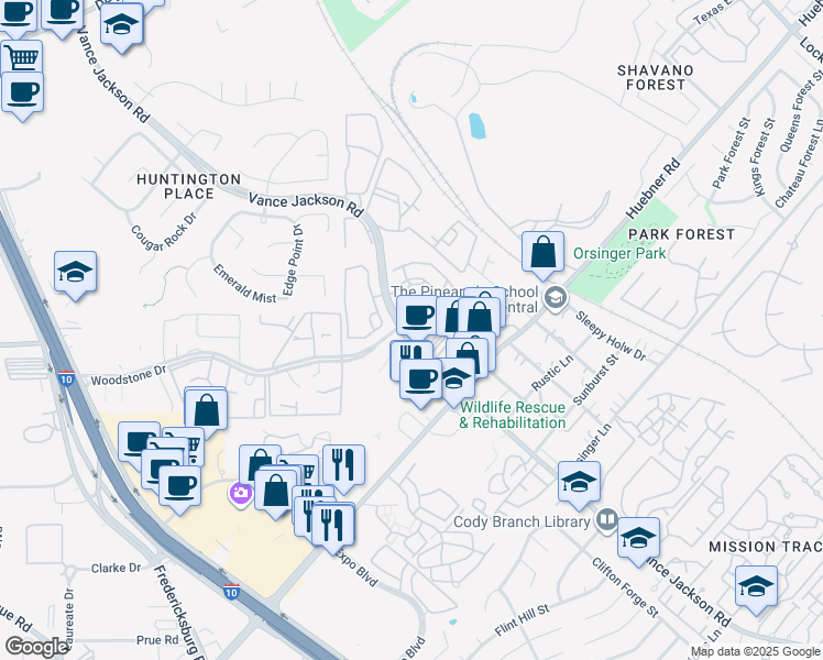 map of restaurants, bars, coffee shops, grocery stores, and more near 12222 Vance Jackson Road in San Antonio