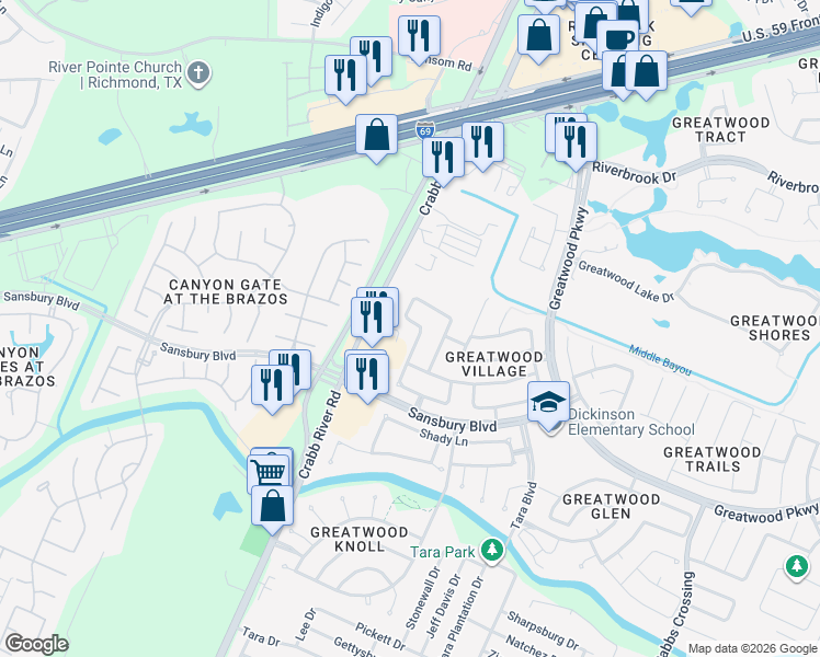 map of restaurants, bars, coffee shops, grocery stores, and more near 6607 Berrytree Lane in Sugar Land