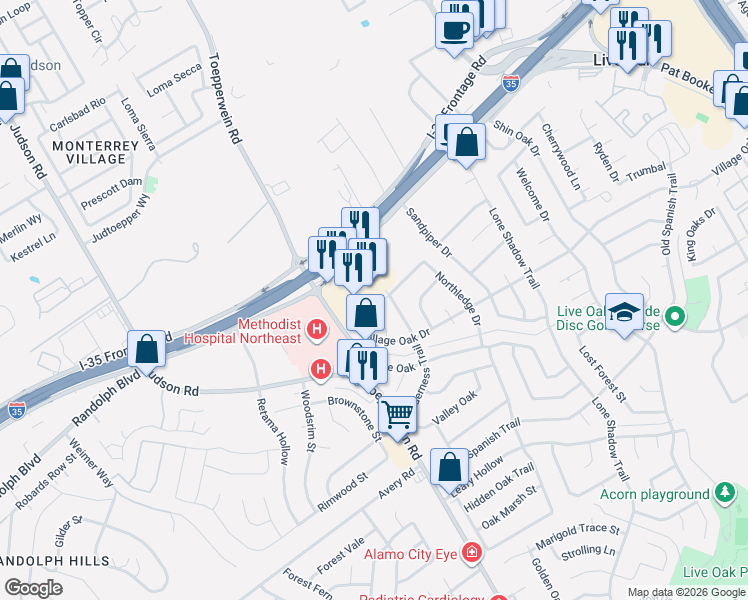 map of restaurants, bars, coffee shops, grocery stores, and more near 12702 Toepperwein Road in Live Oak