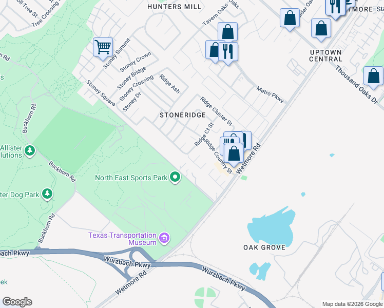 map of restaurants, bars, coffee shops, grocery stores, and more near 12107 Ridge Court Street in San Antonio