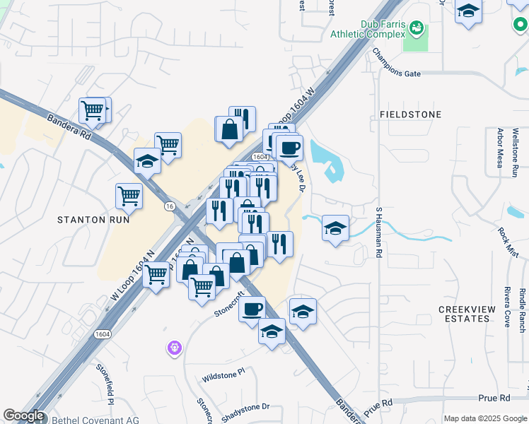 map of restaurants, bars, coffee shops, grocery stores, and more near 9248 North Loop 1604 West in Helotes