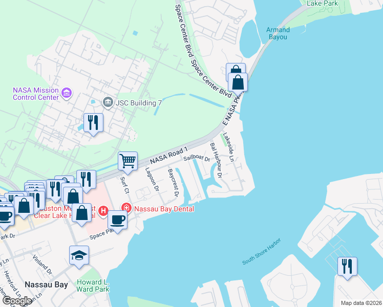 map of restaurants, bars, coffee shops, grocery stores, and more near 2615 Sailboat Drive in Houston