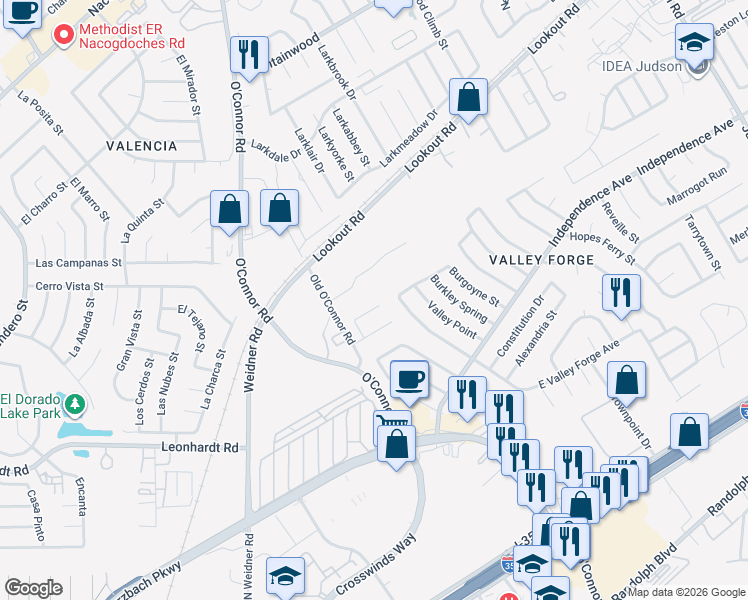 map of restaurants, bars, coffee shops, grocery stores, and more near 12415 Cannonade Street in San Antonio