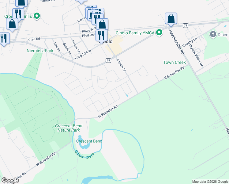 map of restaurants, bars, coffee shops, grocery stores, and more near 304 South Main Street in Cibolo